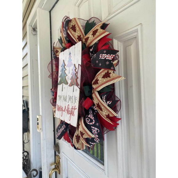 May Your Days Be Merry and Bright Buffalo Check Christmas Tree Deco Mesh Wreath - Picture 5 of 7